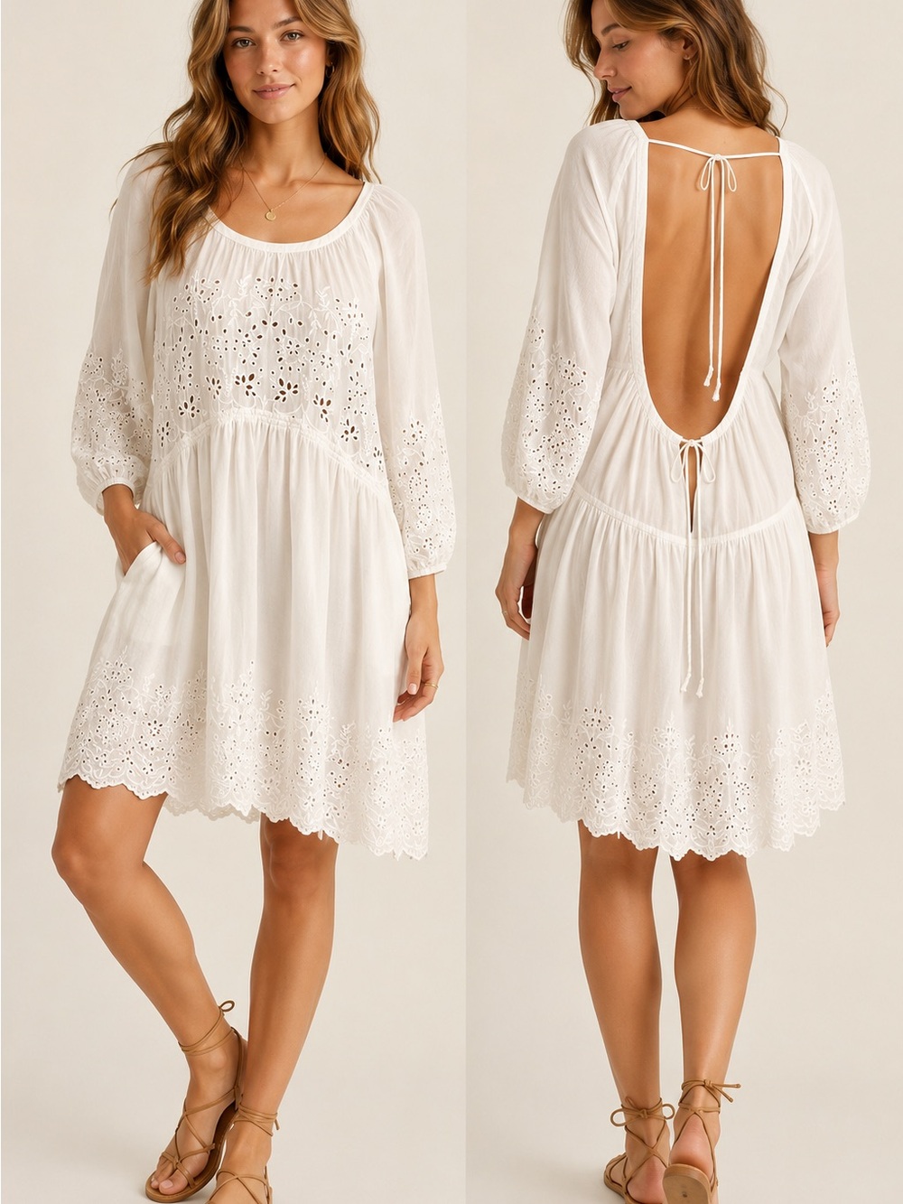 American Eagle AE Studio White Embroidered Open Back Dress Medium Boho Pockets